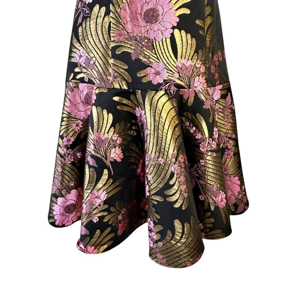 Josie Natori Floral Jacquard Dress Off Shoulder Black Gold Pink Fit Flare Size 4 - Picture 8 of 9